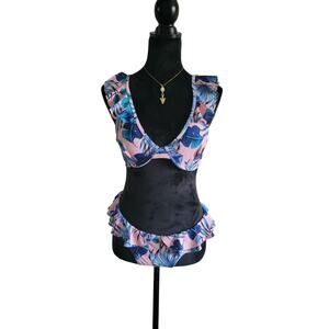 Tropical pink knot back straps bra ruffle bikini swimsuit Sz L nwt